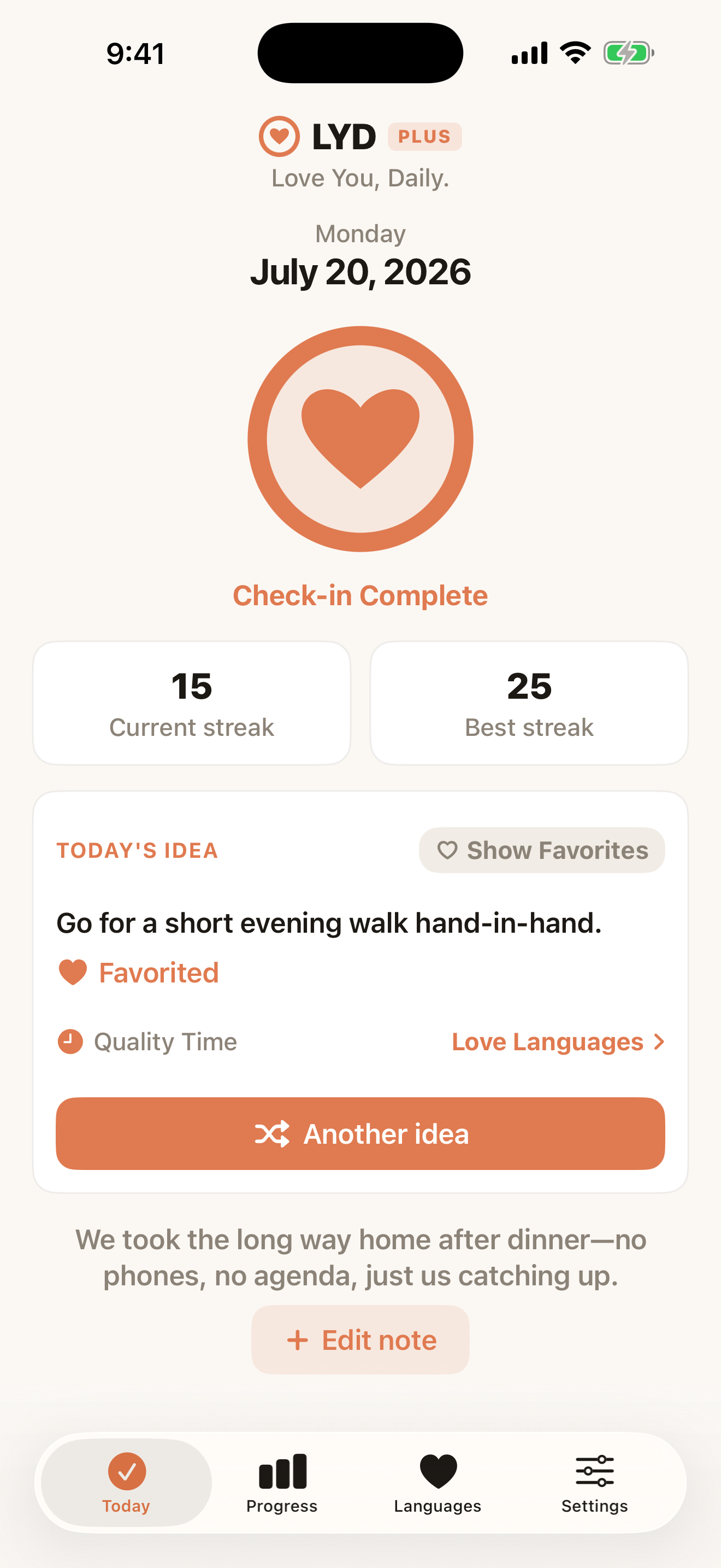 Love You, Daily Today screen with a completed check-in and a thoughtful idea